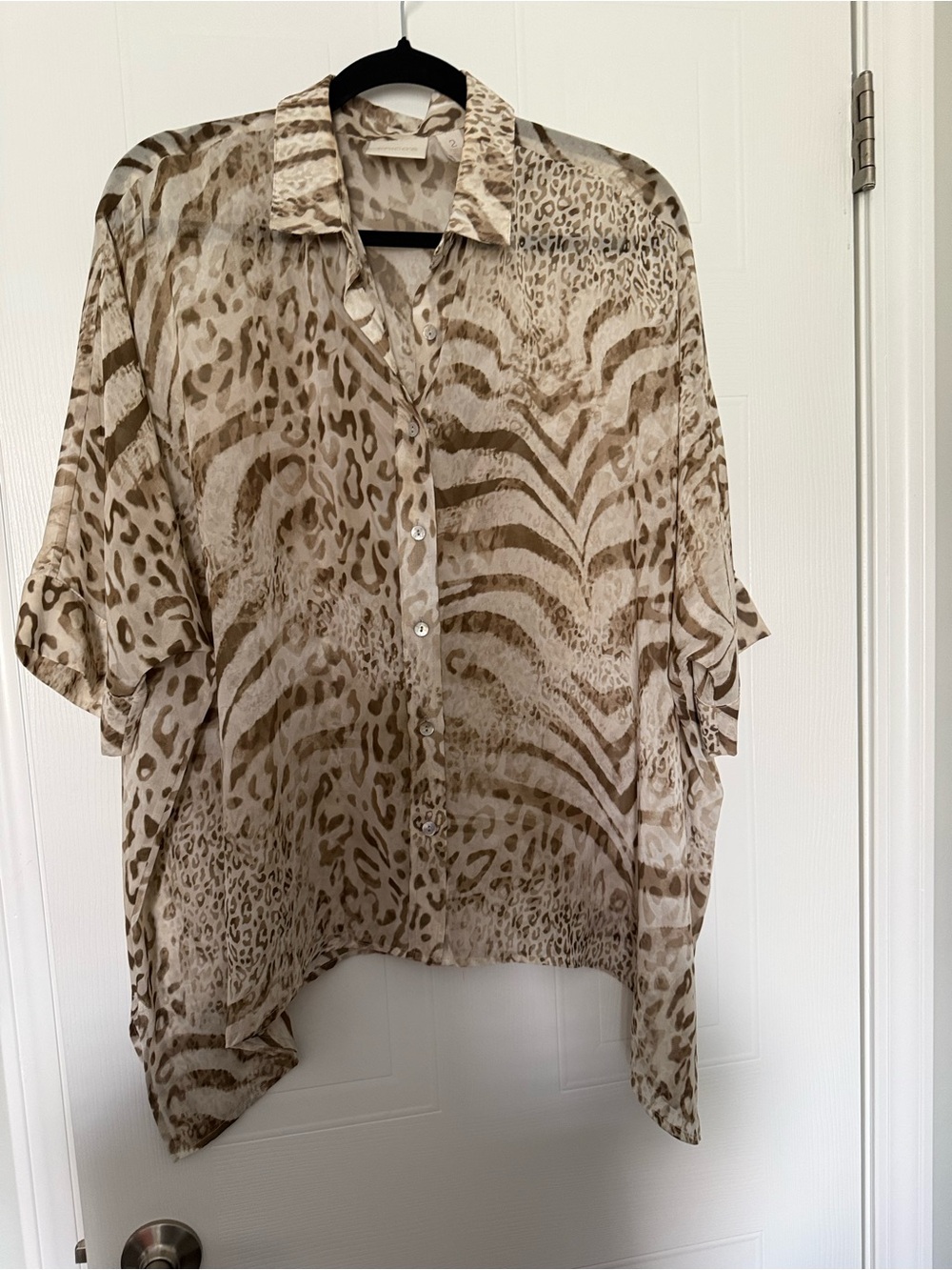 Chico's Sheer Beige and Brown Animal-Print Button-Down Shirt
